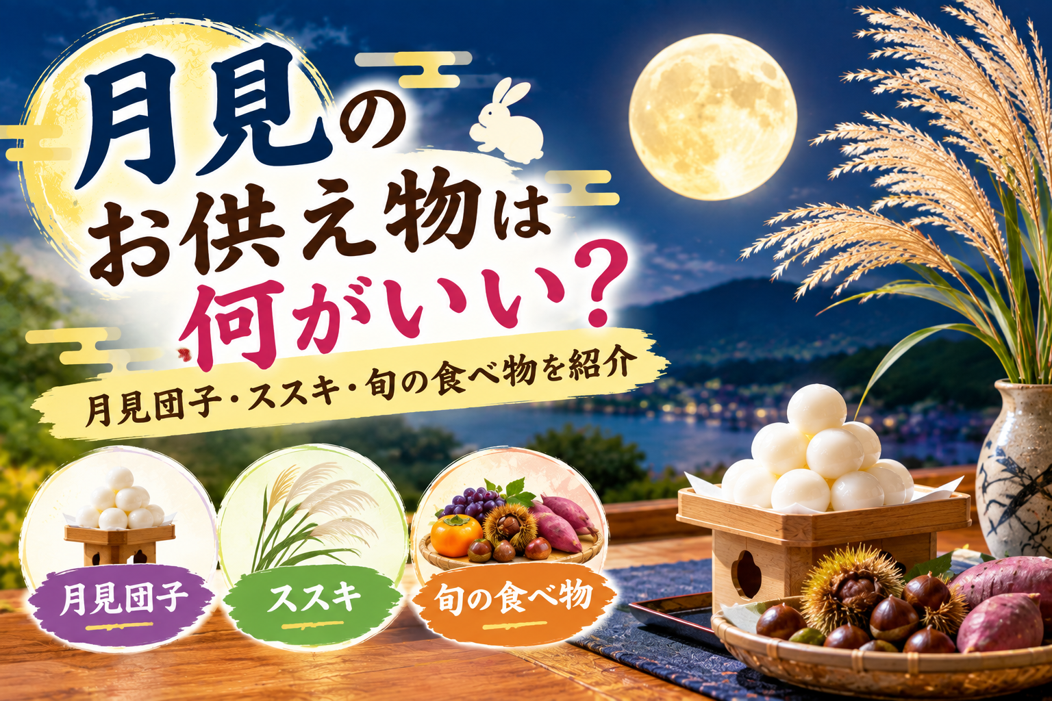 月見団子やススキ、栗や柿などを飾った秋のお月見のお供え物