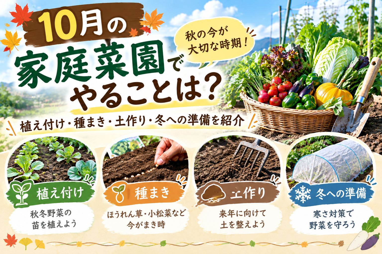 10月の家庭菜園で秋冬野菜を育てる準備をしている畑と園芸用品