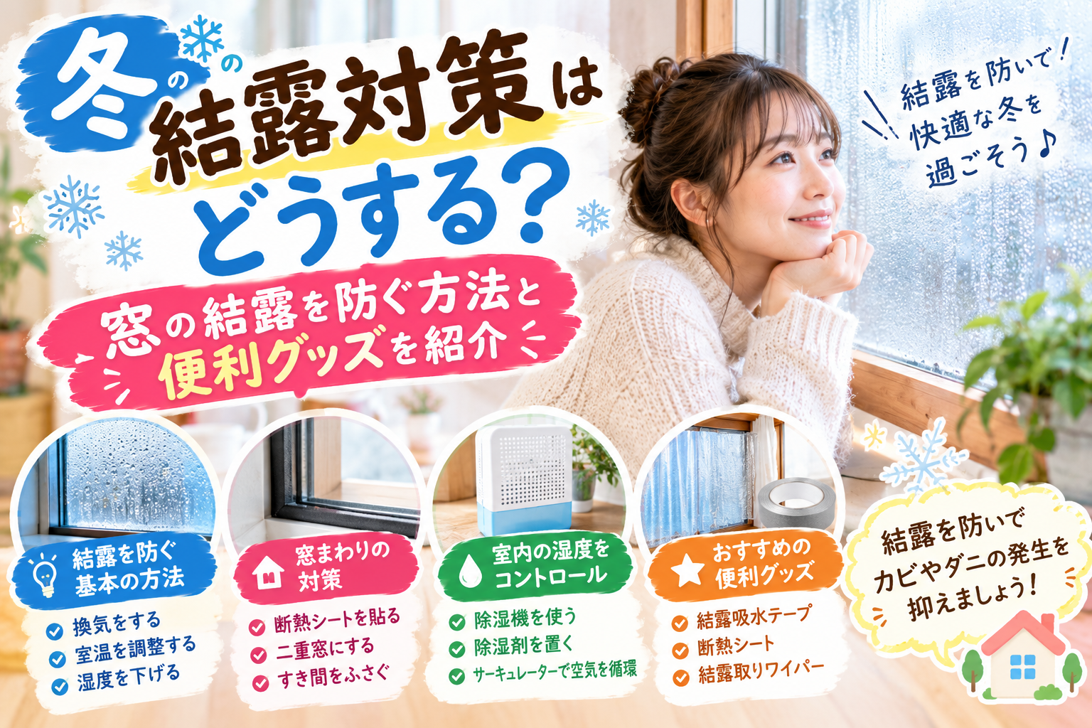 冬の窓に発生した結露を結露取りワイパーで対策する様子