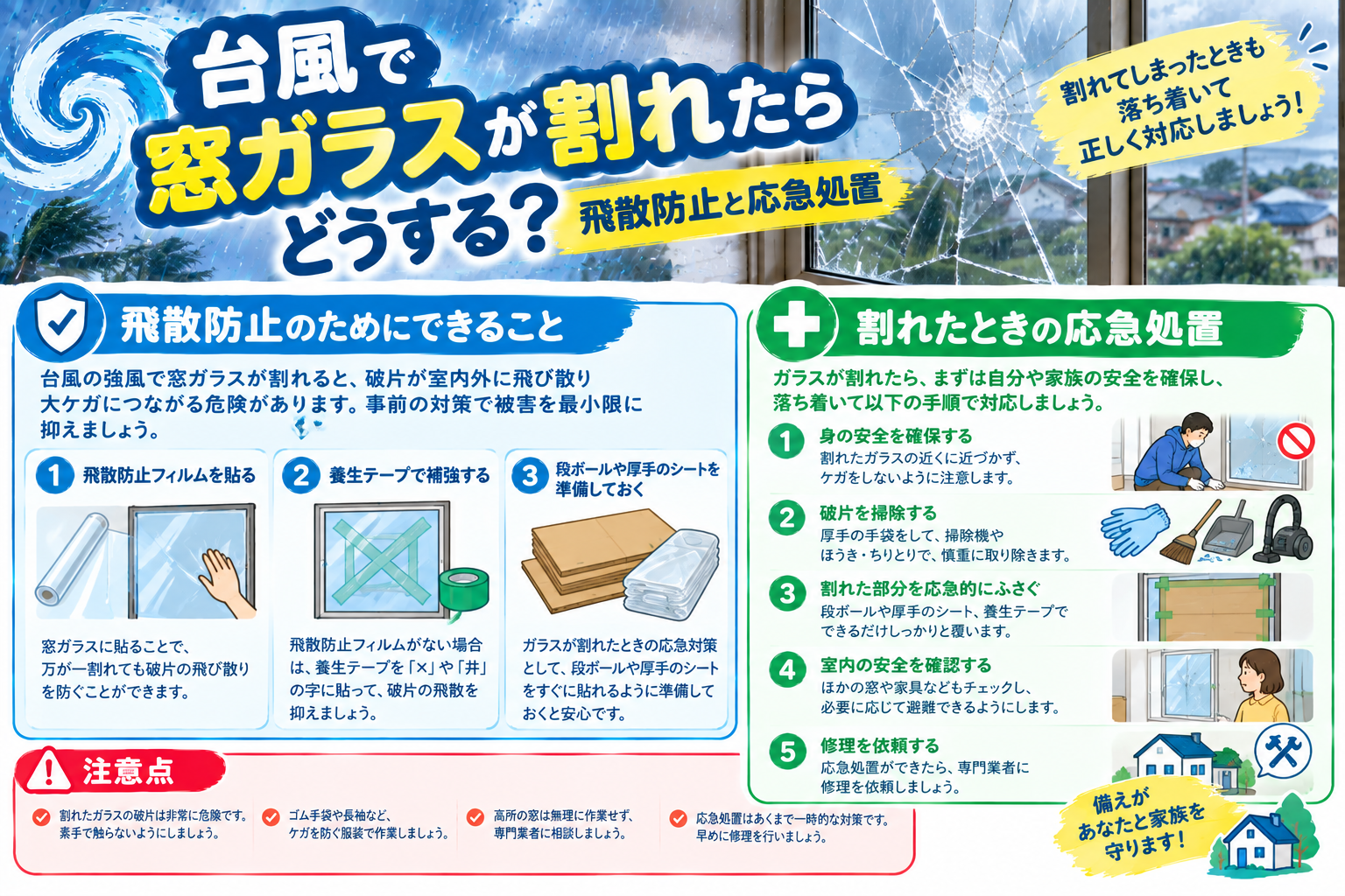 台風で窓ガラスが割れたときの飛散防止と応急処置をイメージした防災イラスト
