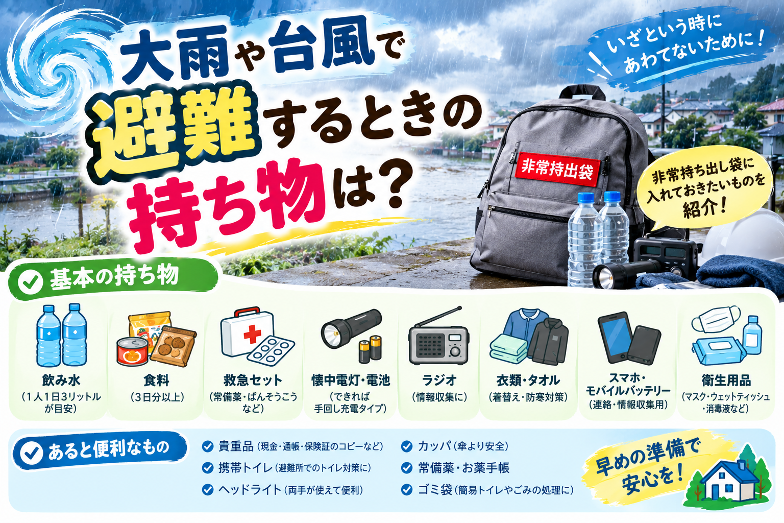 大雨や台風に備えて非常持ち出し袋を準備している様子