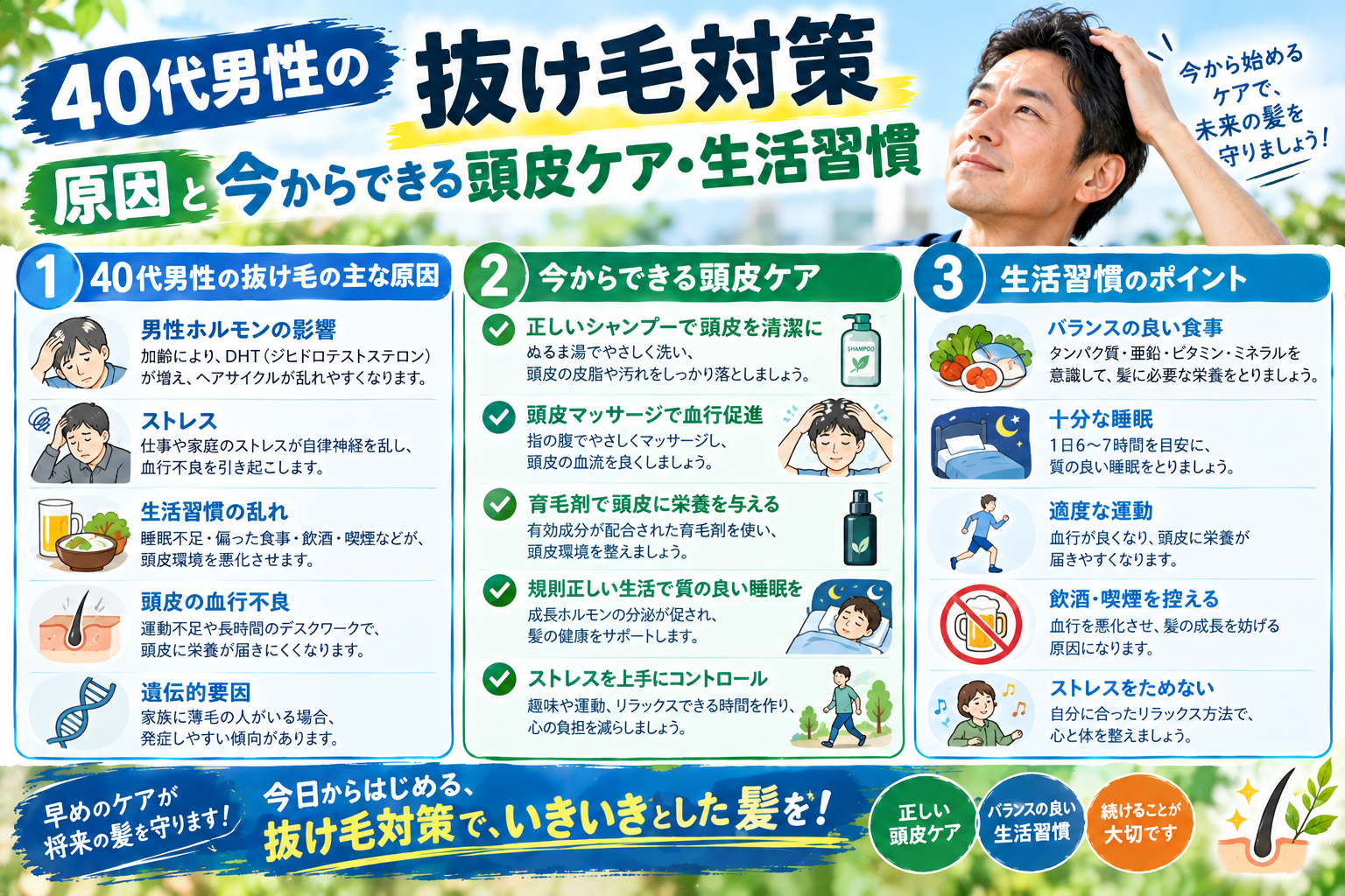 40代男性が鏡で髪の状態を確認している頭皮ケアのイメージ