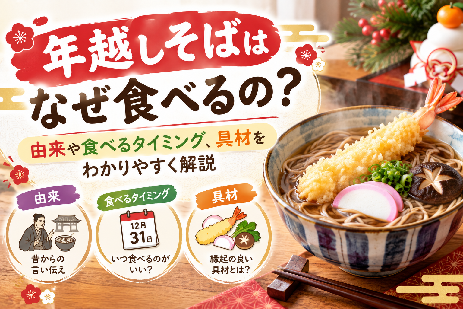 大晦日の食卓に用意された温かい年越しそばとえび天やねぎなどの具材