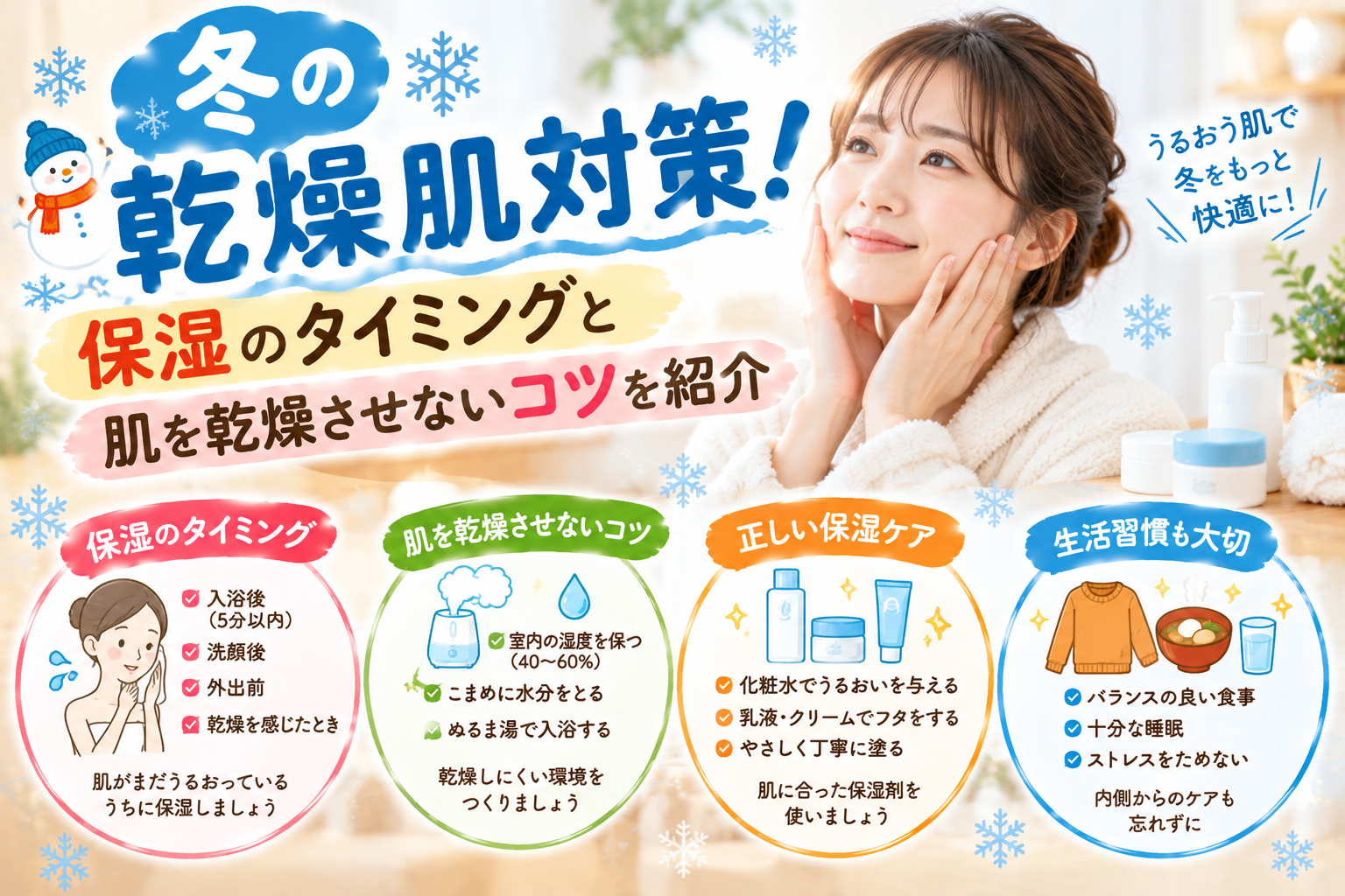 冬の乾燥肌対策として保湿クリームや化粧水を使うイメージ