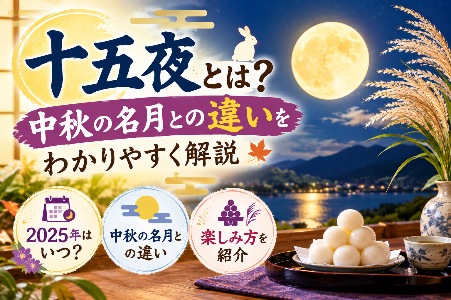 十五夜のお月見で月見団子とススキを飾った秋の和室