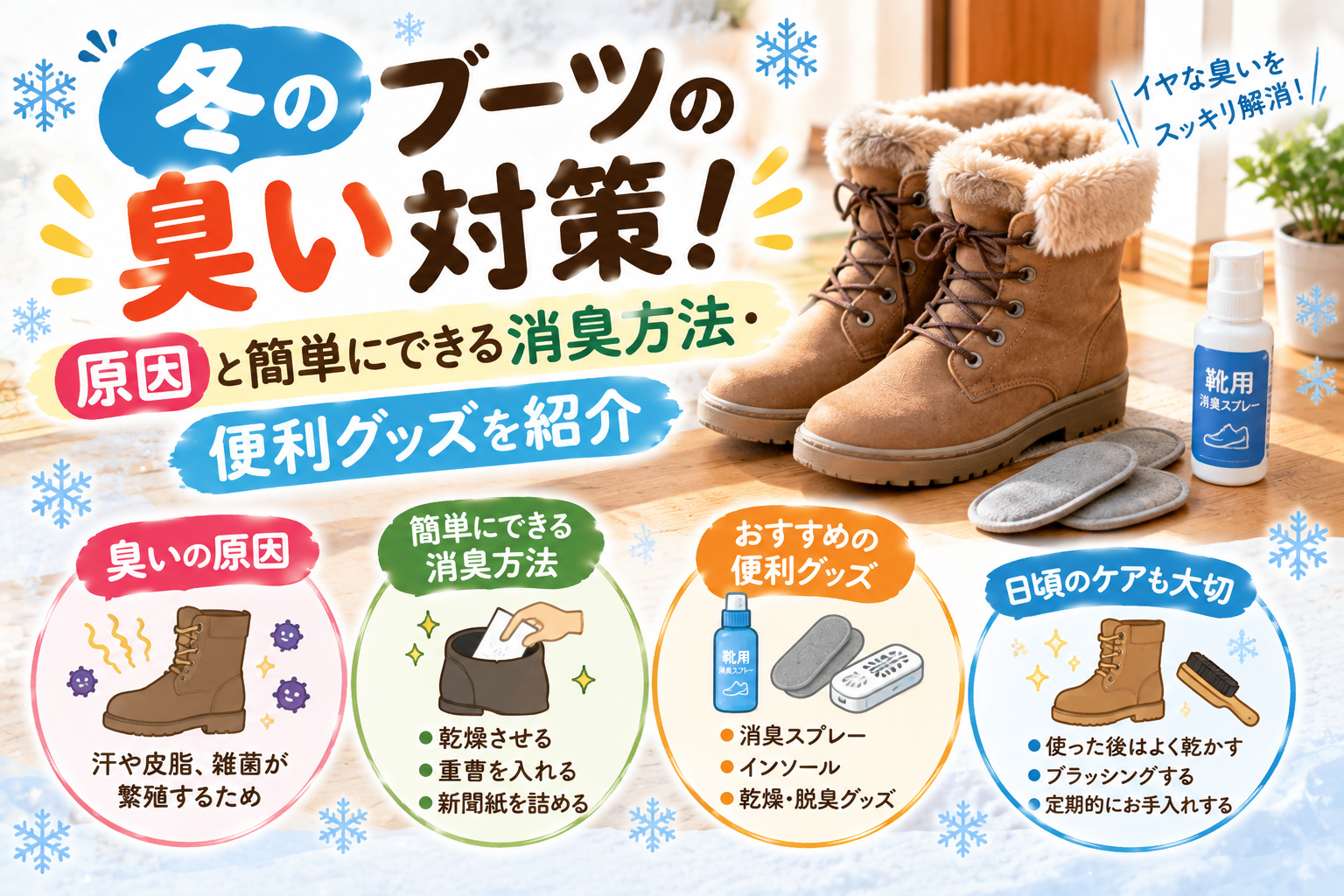 冬のブーツの臭い対策として乾燥剤や消臭グッズを紹介するイメージ