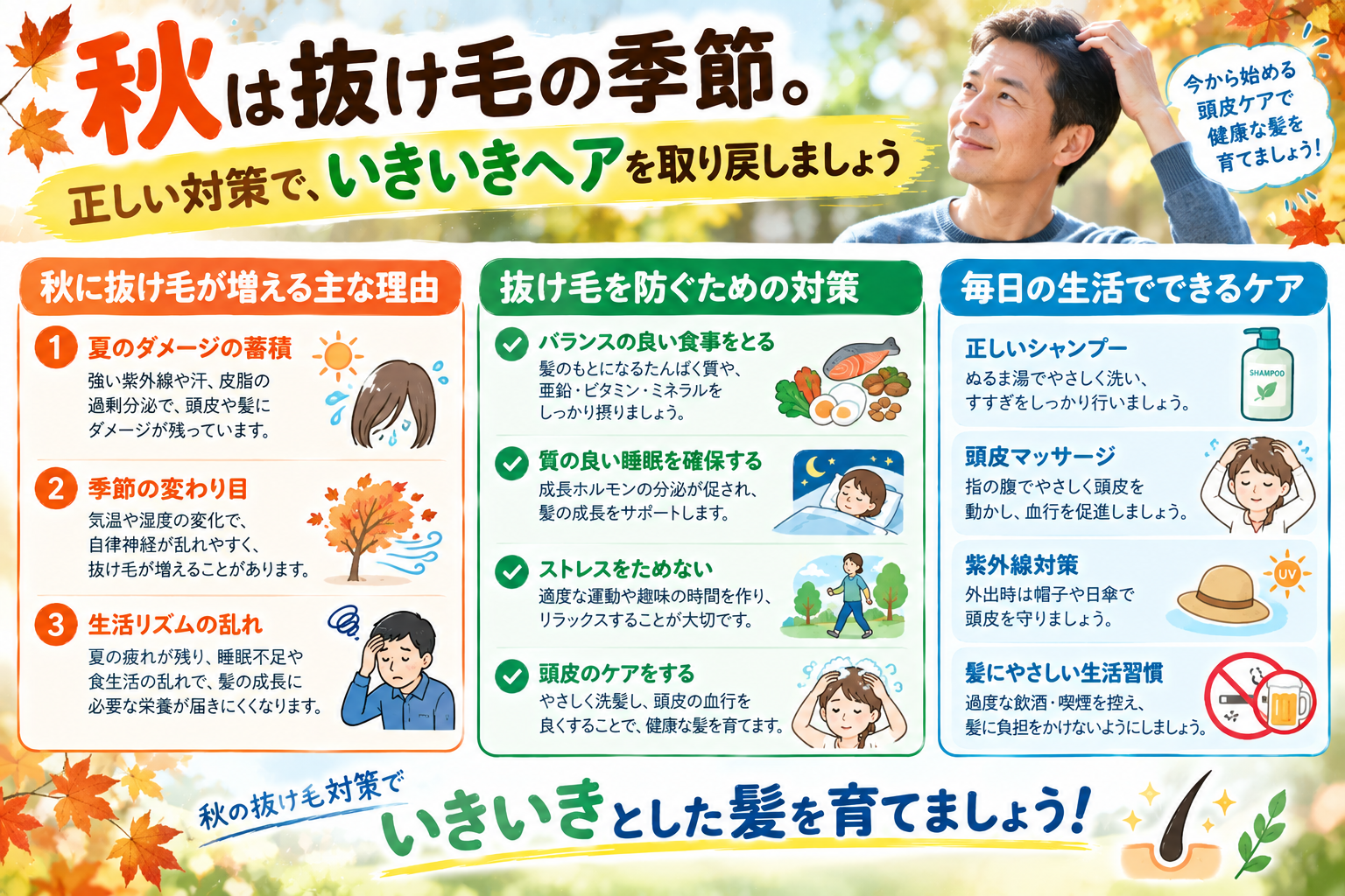 秋の抜け毛対策と頭皮ケアをイメージしたアイキャッチ