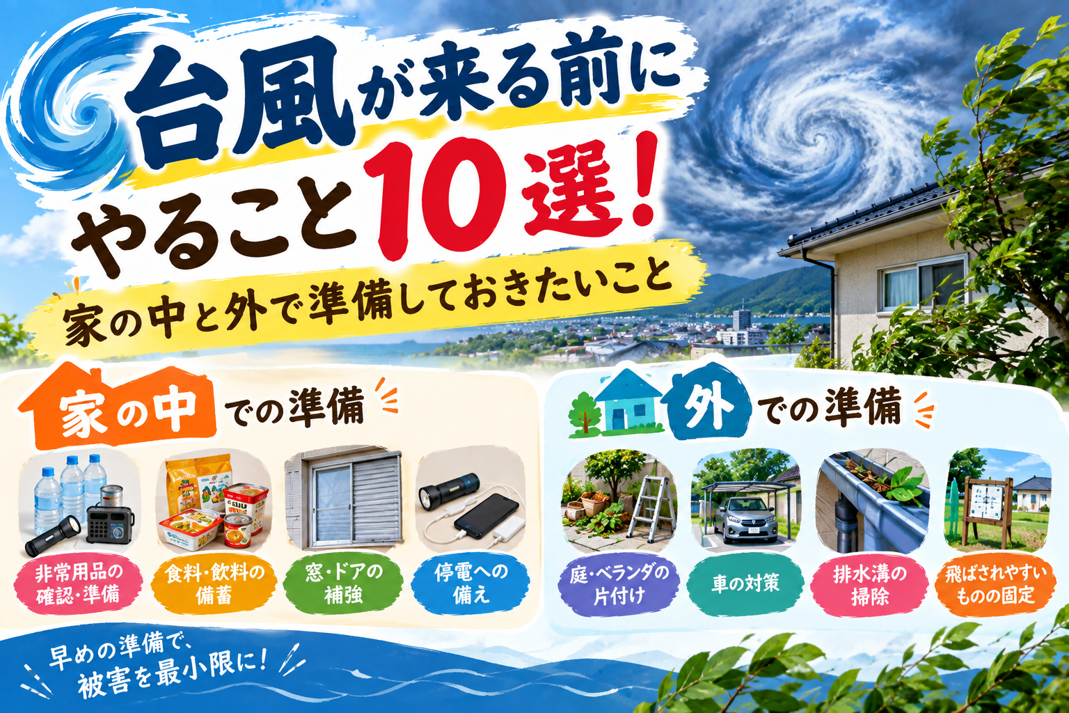 台風が来る前に準備した防災リュックや懐中電灯、飲料水などの防災用品
