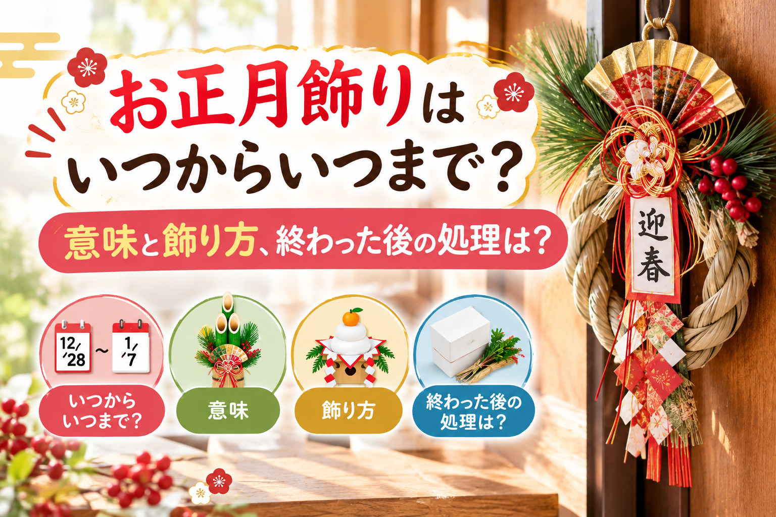お正月飾りのしめ飾りや門松、鏡餅を飾って新年を迎える準備をしている様子