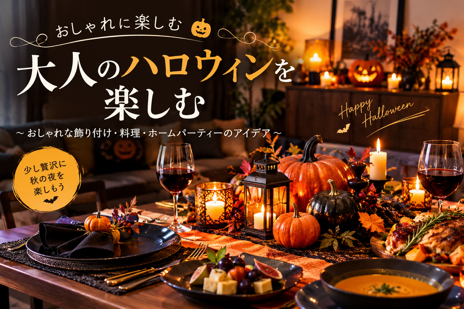 大人っぽく飾り付けたハロウィンのホームパーティーテーブル