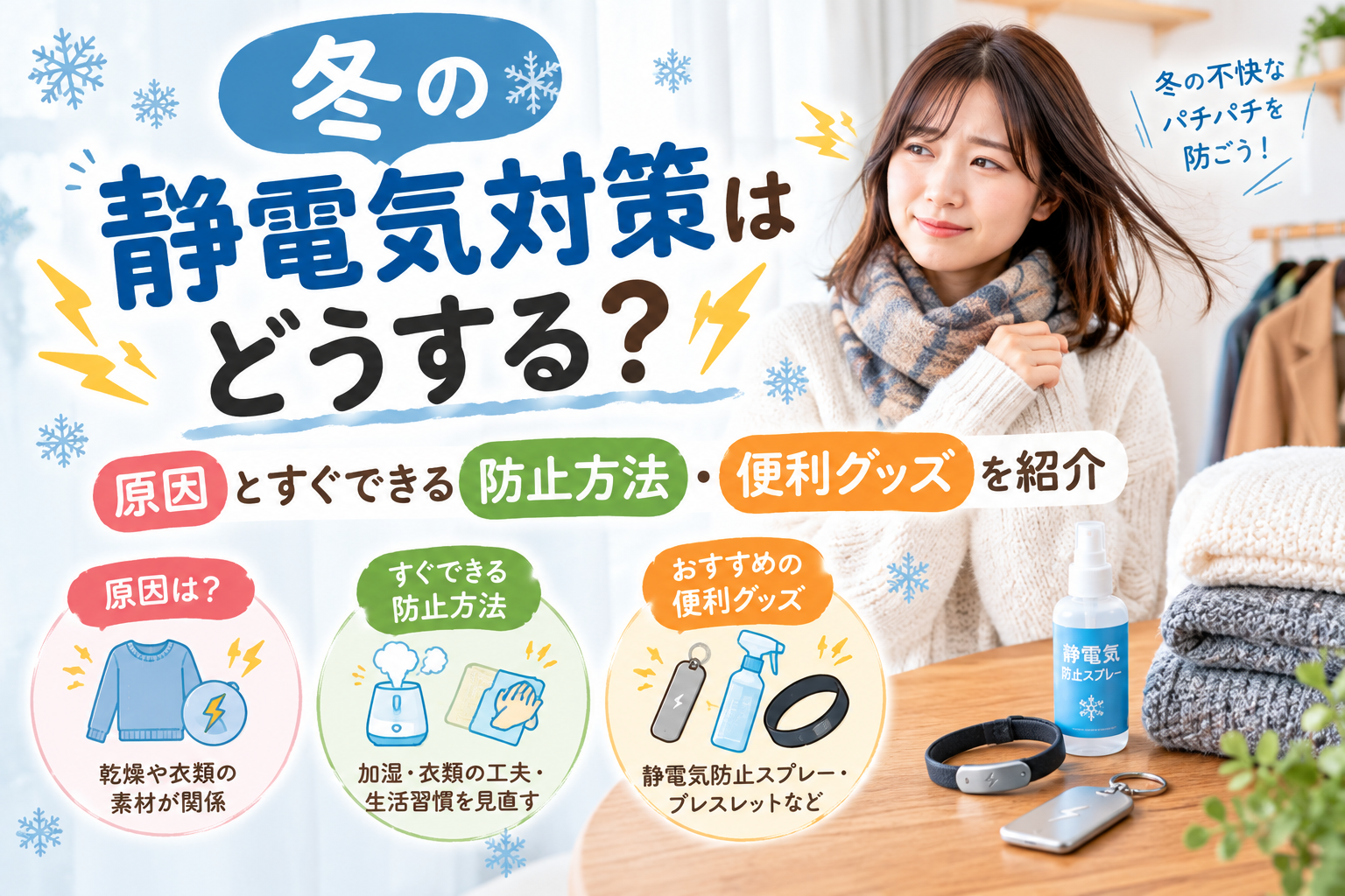冬の静電気対策としてドアノブや衣類、静電気除去グッズを紹介するイメージ