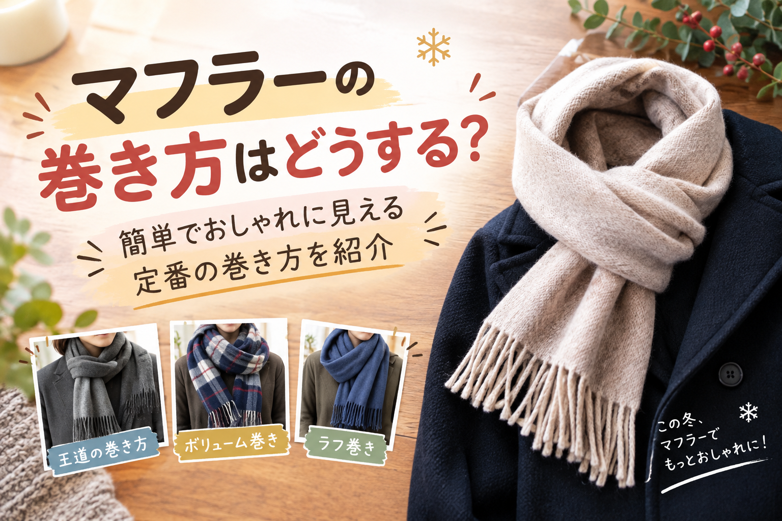 冬のマフラーの簡単でおしゃれな巻き方を紹介するイメージ