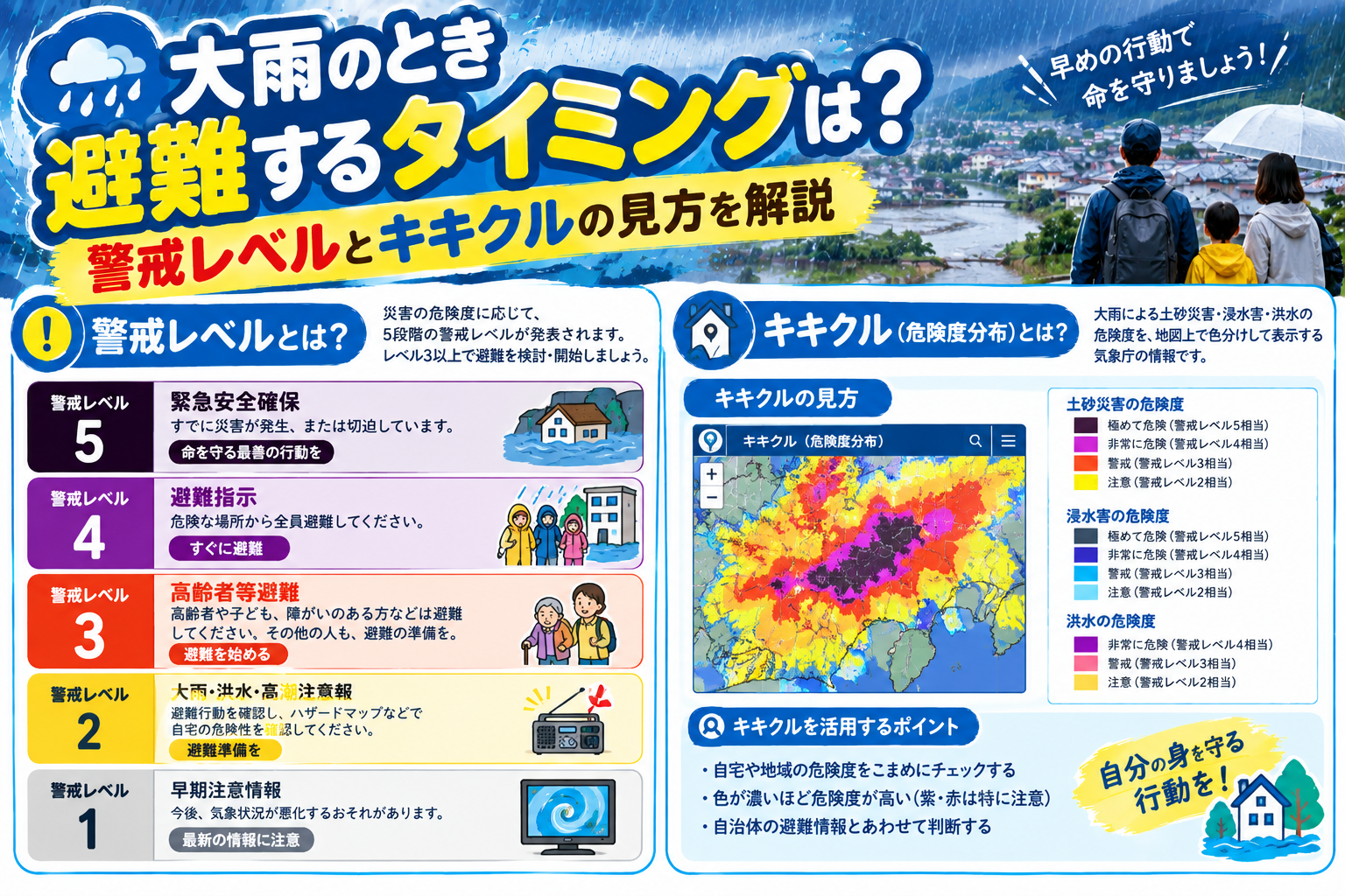 大雨のとき避難するタイミングは？警戒レベルとキキクルの見方