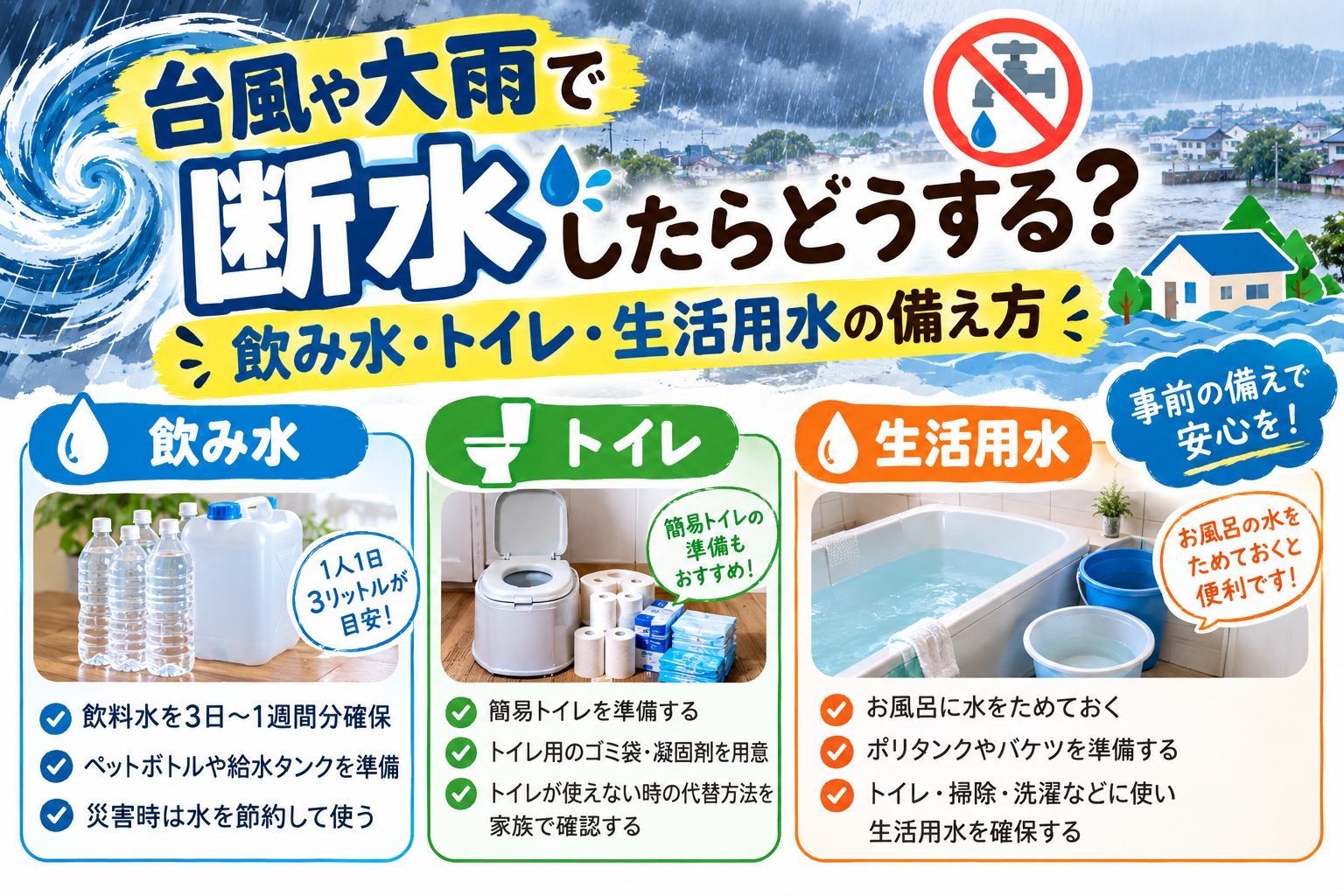 台風や大雨による断水に備えて飲料水や給水タンク、携帯トイレを準備した家庭