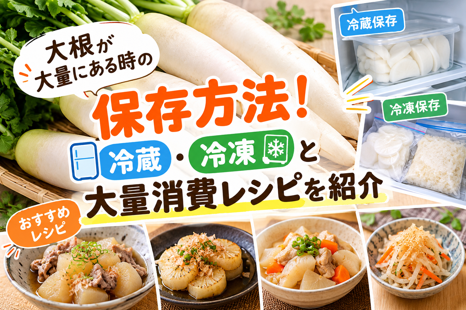 大根が大量にある時の保存方法と冷蔵・冷凍、大量消費レシピを紹介