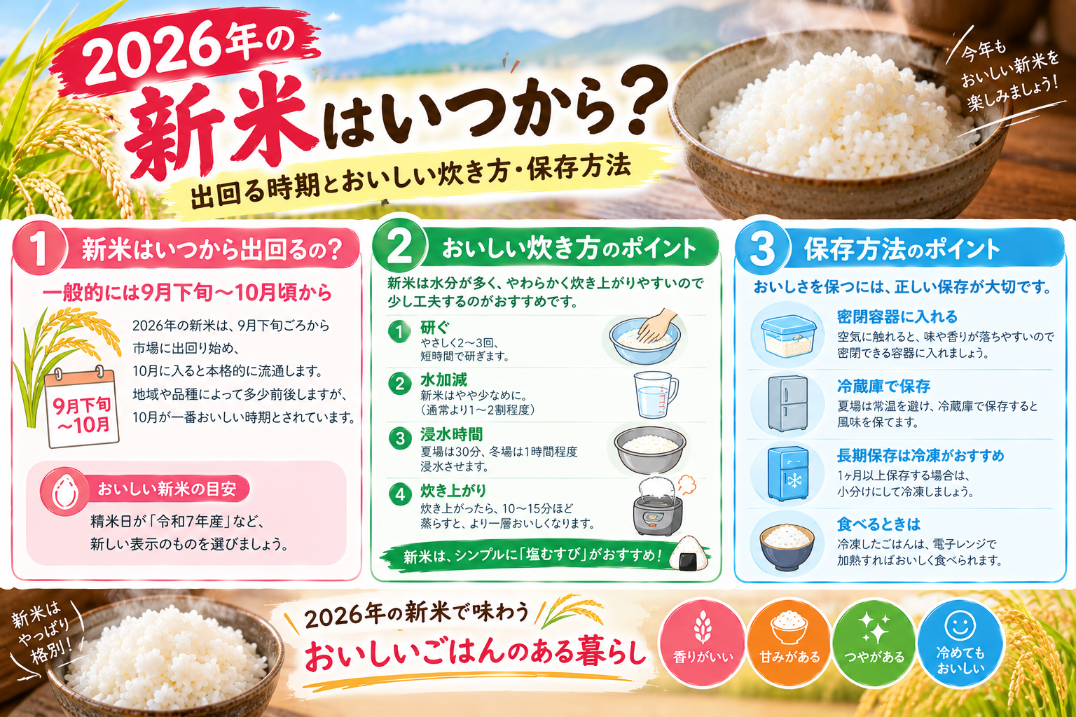 2026年の新米と炊きたてのご飯