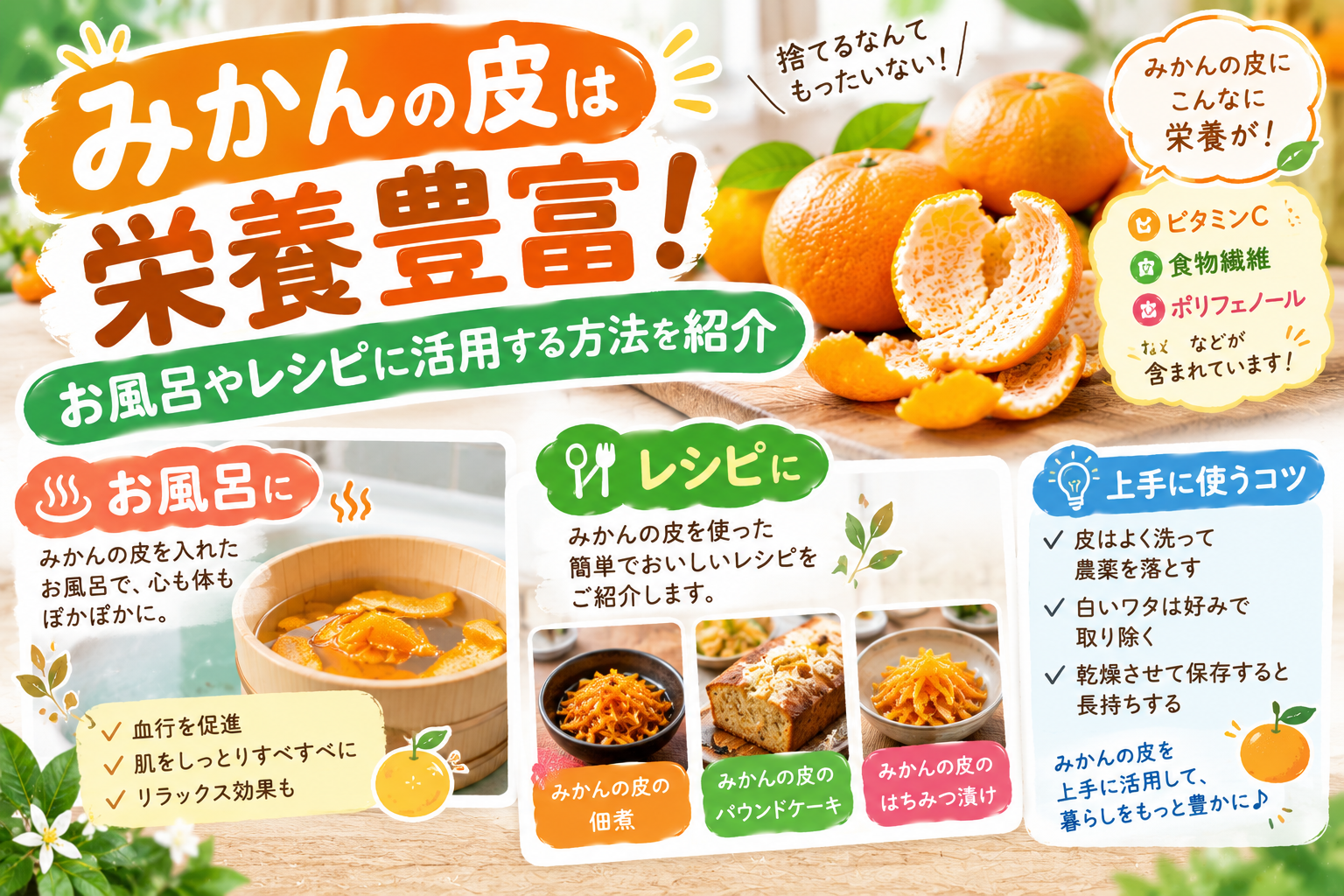 みかんの皮の活用方法、料理やお風呂、掃除に使う方法を紹介