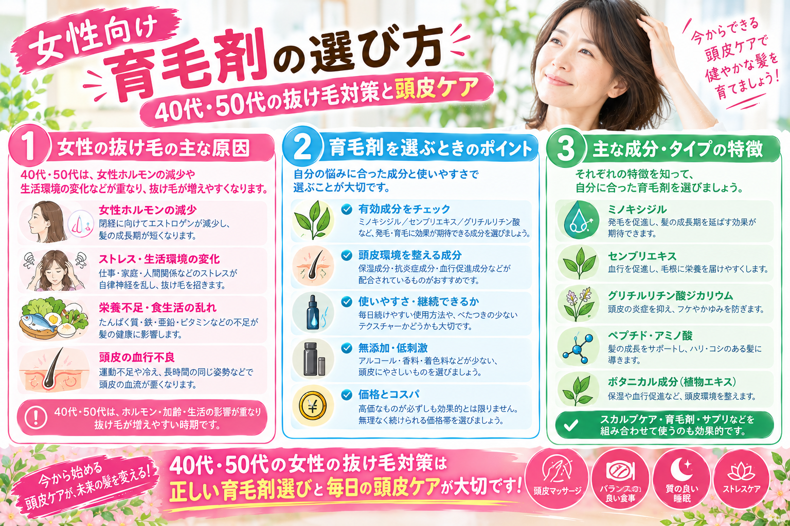 40代・50代女性が育毛剤を選びながら頭皮ケアを考えているイメージ