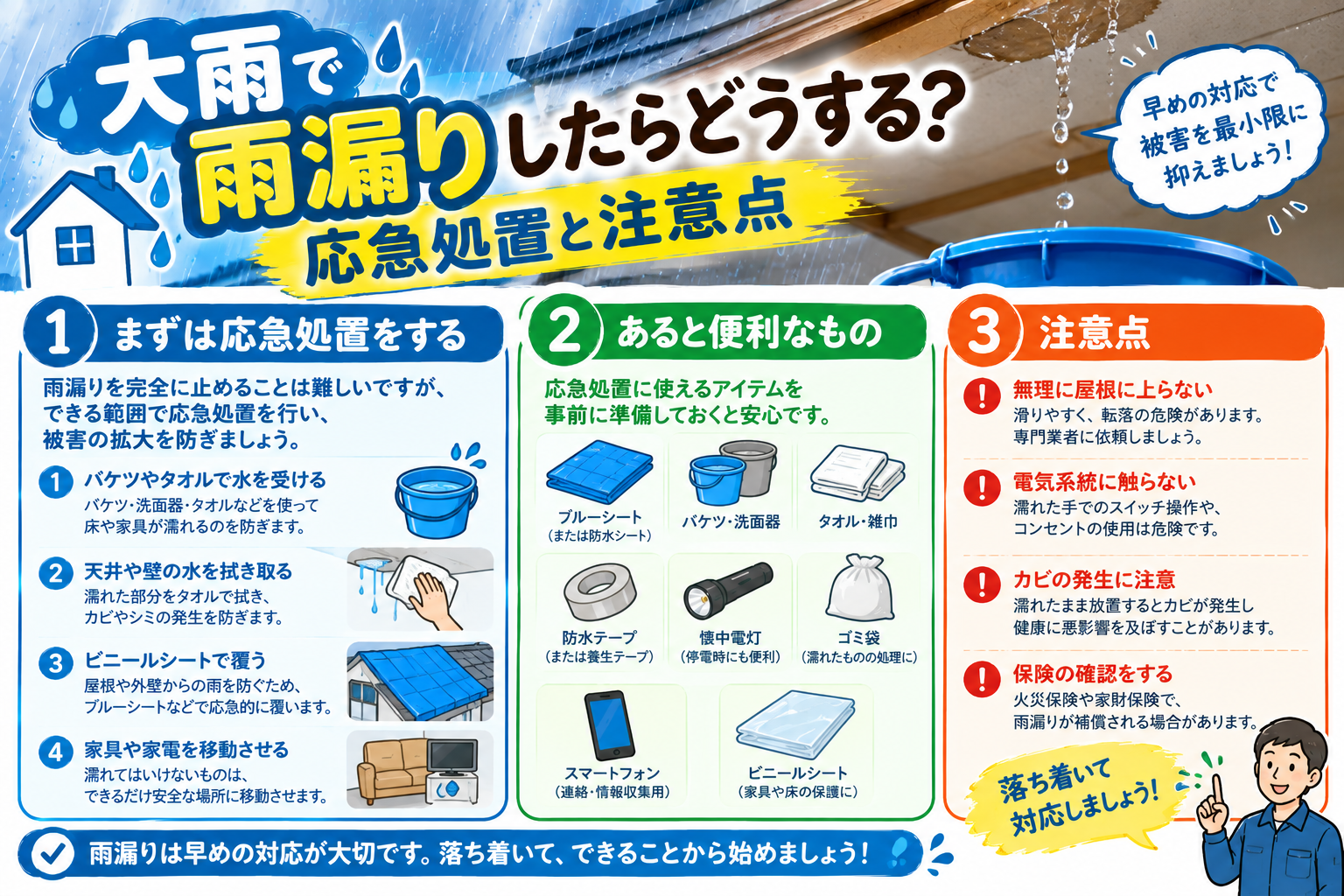大雨による雨漏りの応急処置をしている家の中の様子を描いた防災イラスト