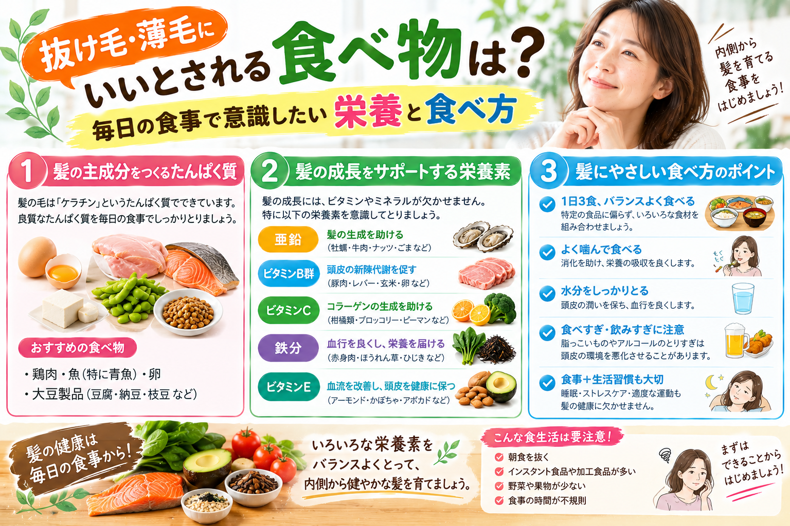抜け毛や薄毛が気になる40代50代女性が意識したいバランスのよい食事