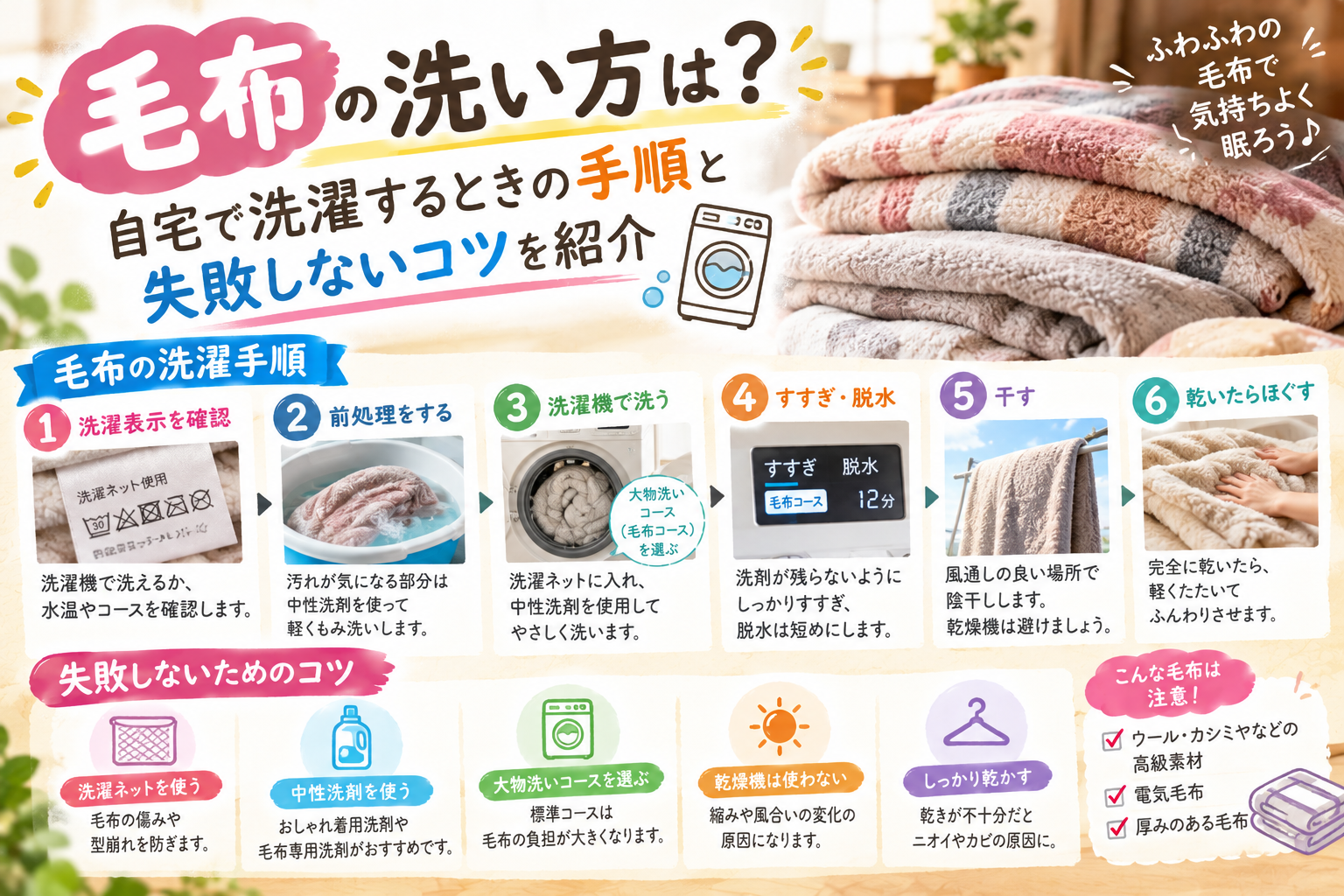 自宅で毛布を洗濯するときの洗い方と干し方を紹介するイメージ