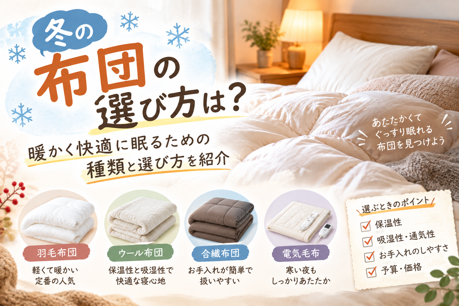冬に暖かく眠るための布団や敷きパッドの選び方を紹介する寝室のイメージ