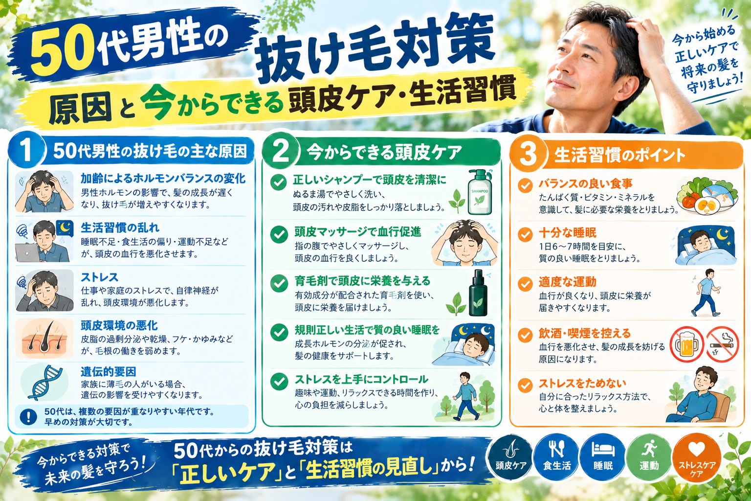 50代男性が鏡で髪や頭皮の状態を確認している様子