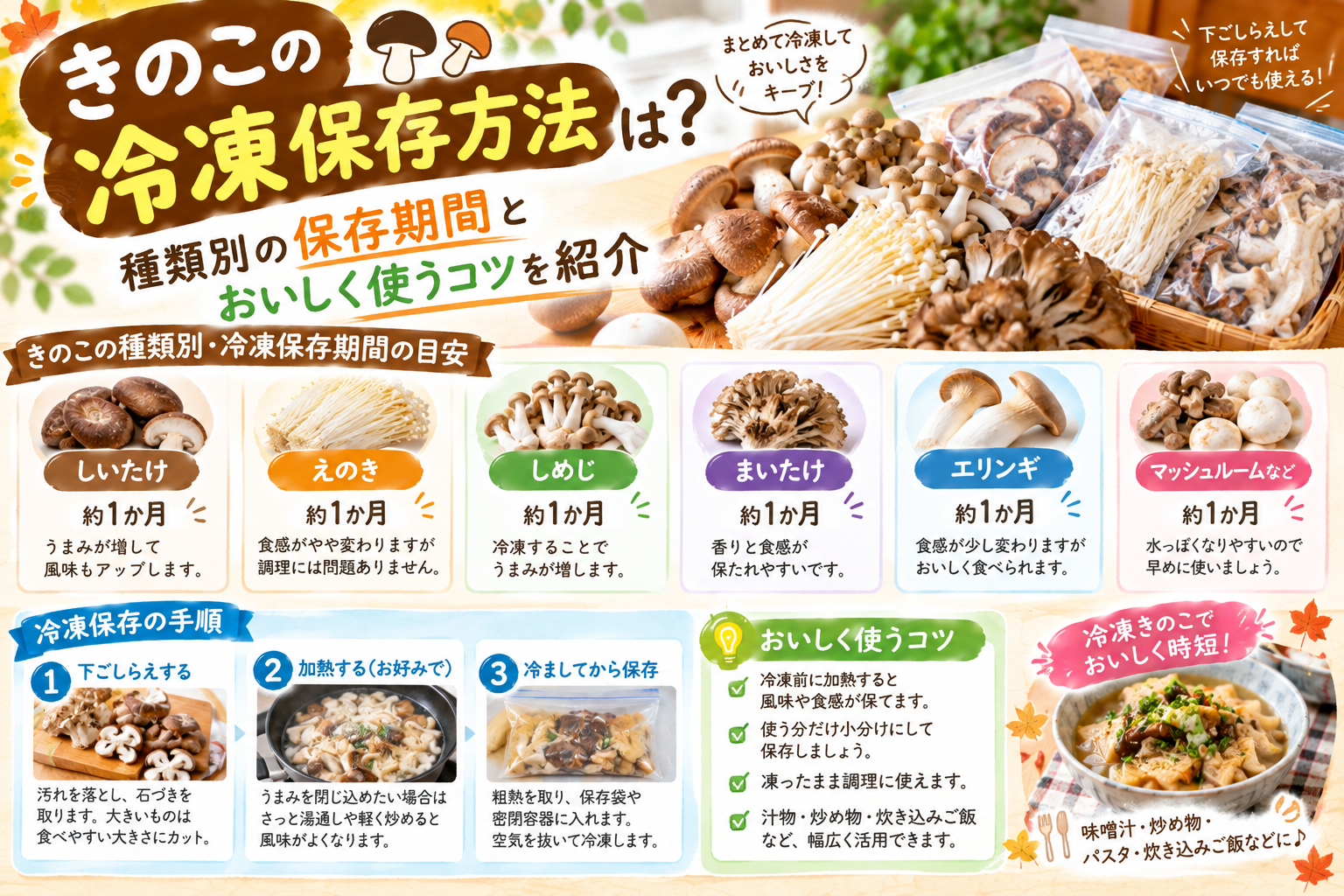 しめじ・えのき・しいたけ・まいたけを冷凍保存する様子