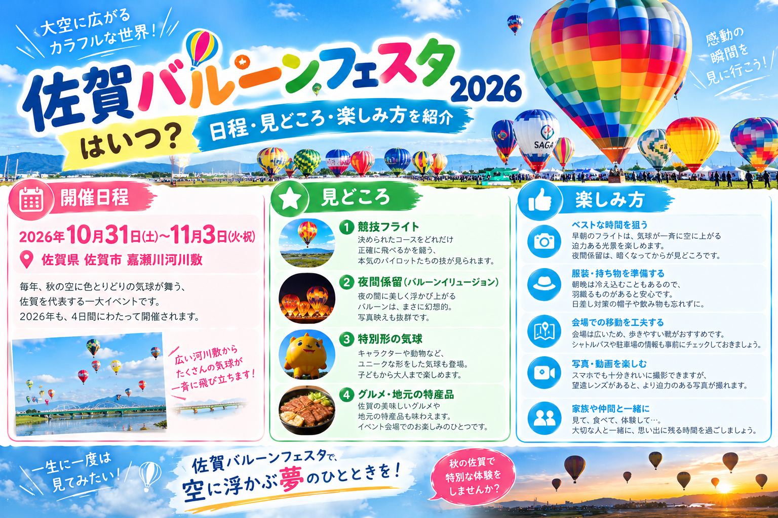 佐賀バルーンフェスタ2026で空に浮かぶ色とりどりの熱気球とカメラ