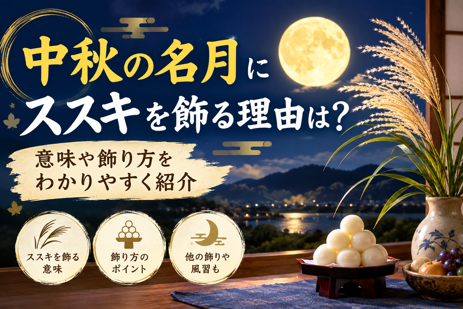 中秋の名月にススキを和風の花器に飾り月見団子と秋の果物を並べた様子