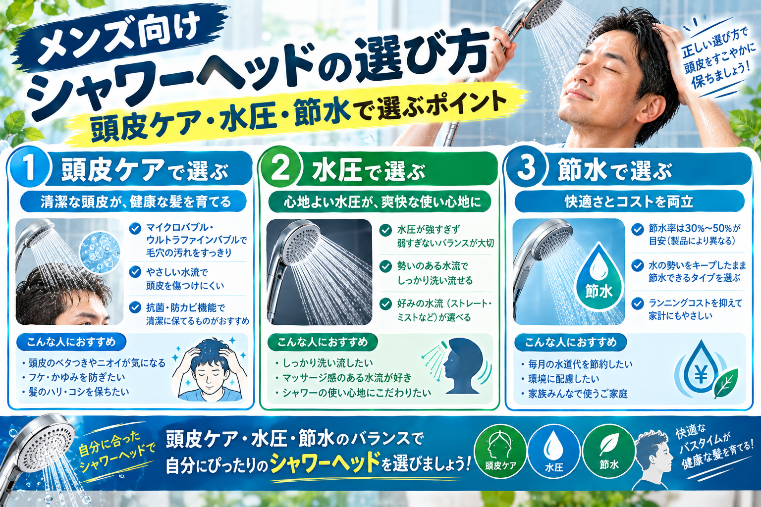 男性がシャワーヘッドを選んでいる様子