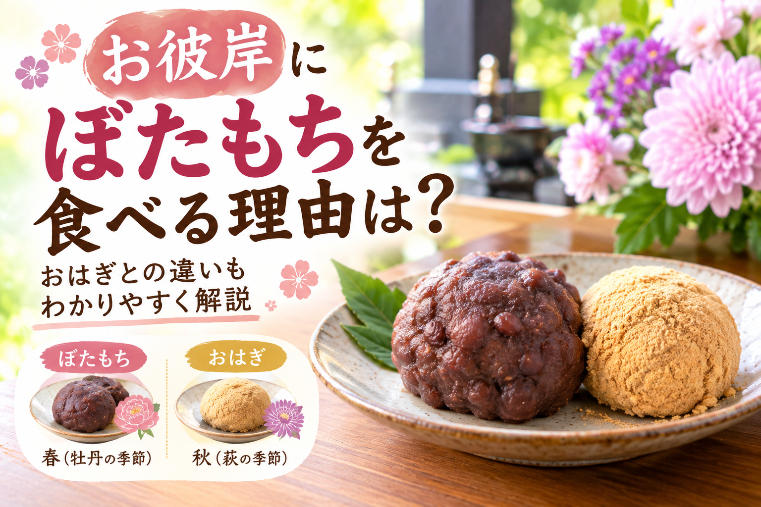 秋のお彼岸におはぎを並べ萩の花と一緒に季節感を表現した様子