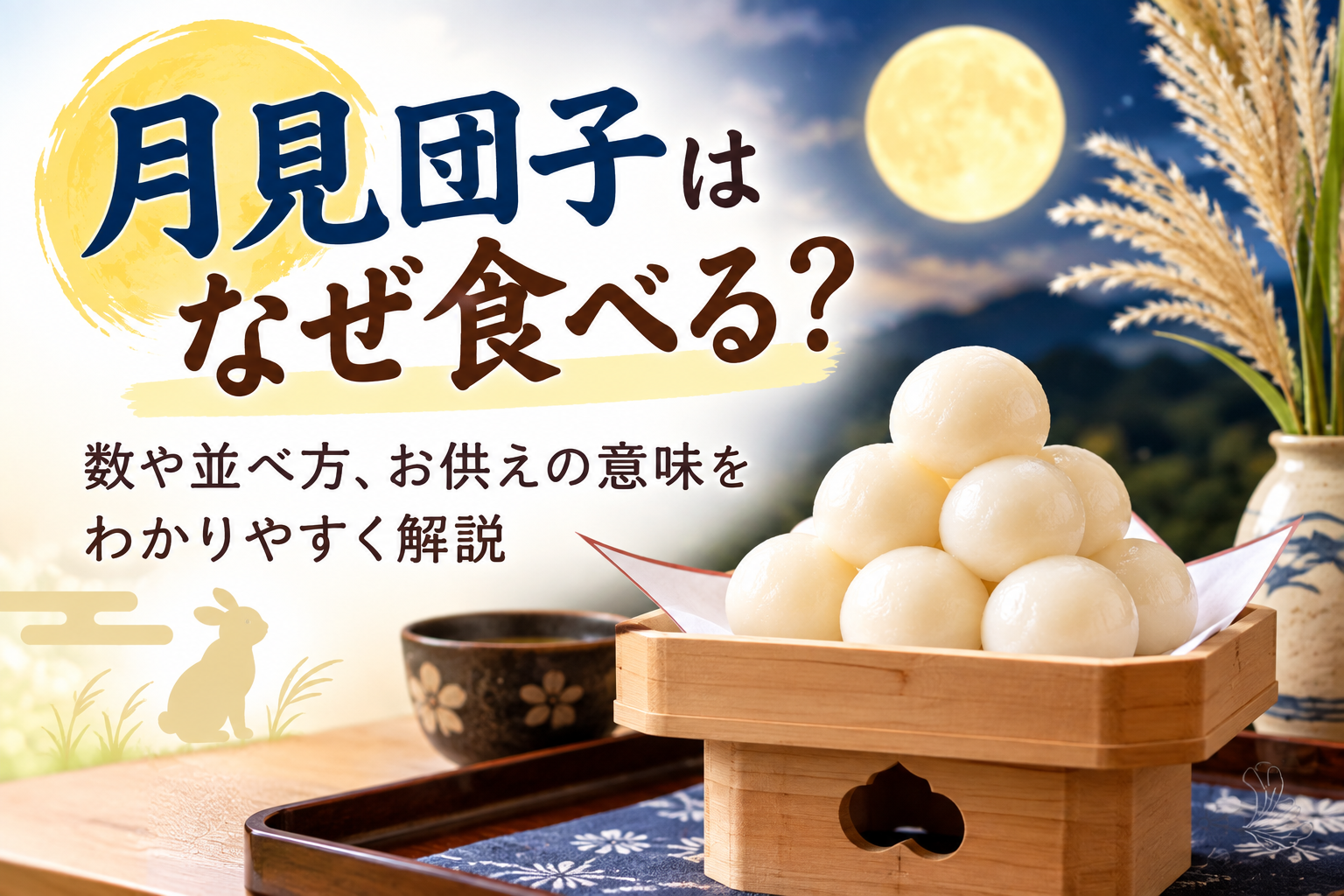 十五夜に月見団子を三方に積みススキや秋の果物と一緒にお供えしている様子