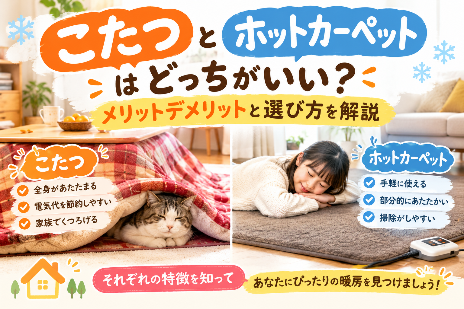 こたつとホットカーペットの違いを比較した冬の暖房器具選び