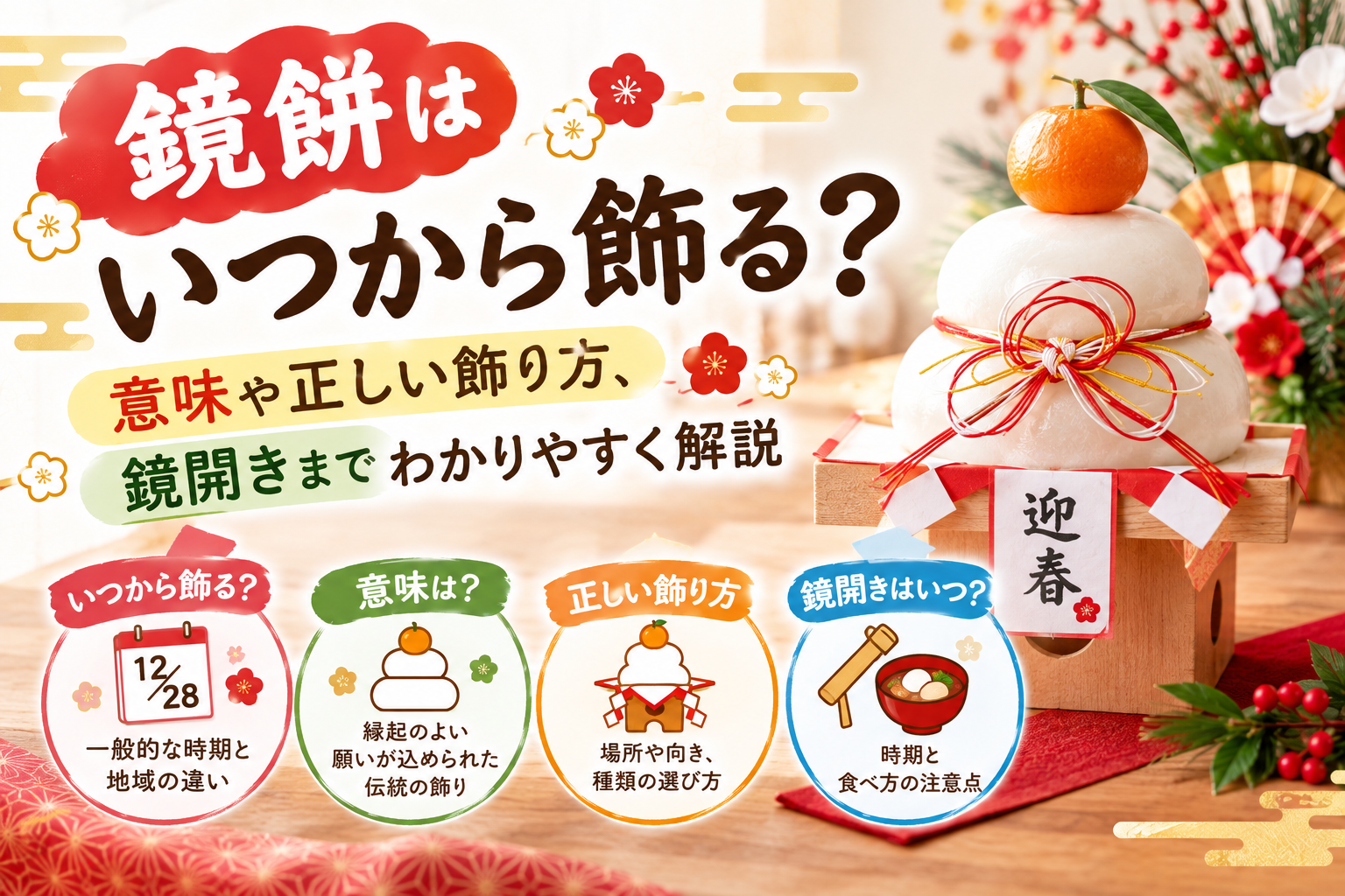 台に飾られた鏡餅と橙などのお正月飾り
