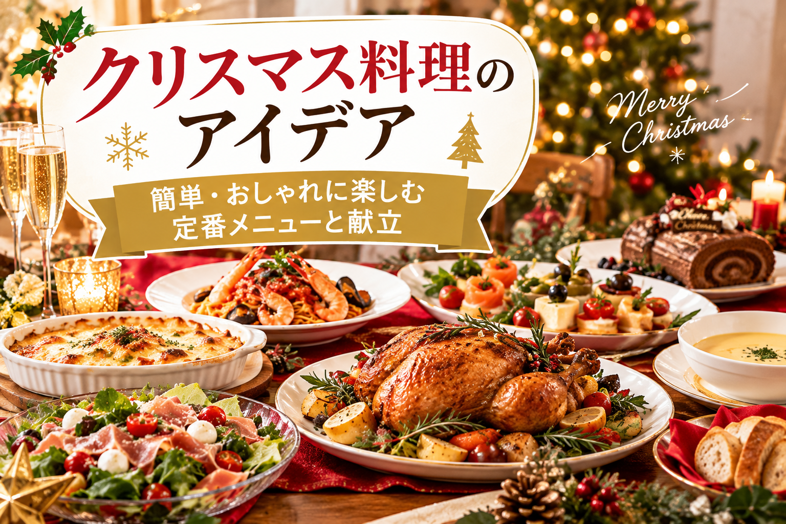 ローストチキンやサラダなどが並んだ華やかなクリスマスの食卓