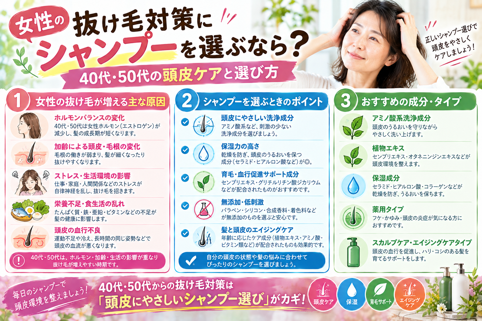 女性の抜け毛対策に向けたシャンプーの選び方と40代50代の頭皮ケア