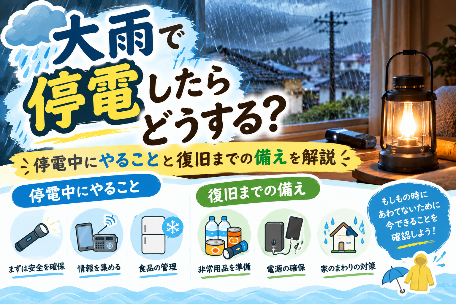 大雨による停電に備えてLEDランタンや懐中電灯、モバイルバッテリーを用意した室内