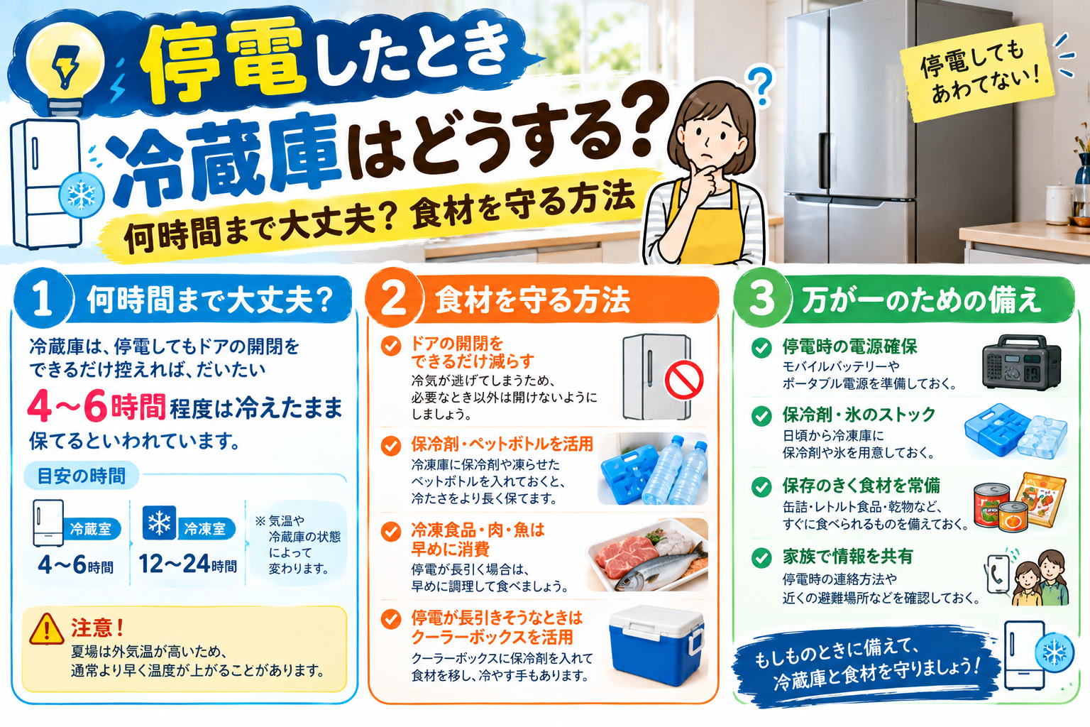 停電したときの冷蔵庫と食材の守り方をイメージした防災イラスト