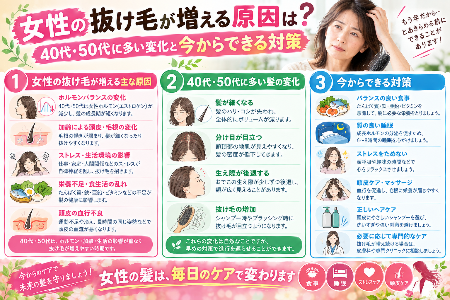 女性の抜け毛が増える原因と40代・50代からの頭皮ケアを紹介するイメージ