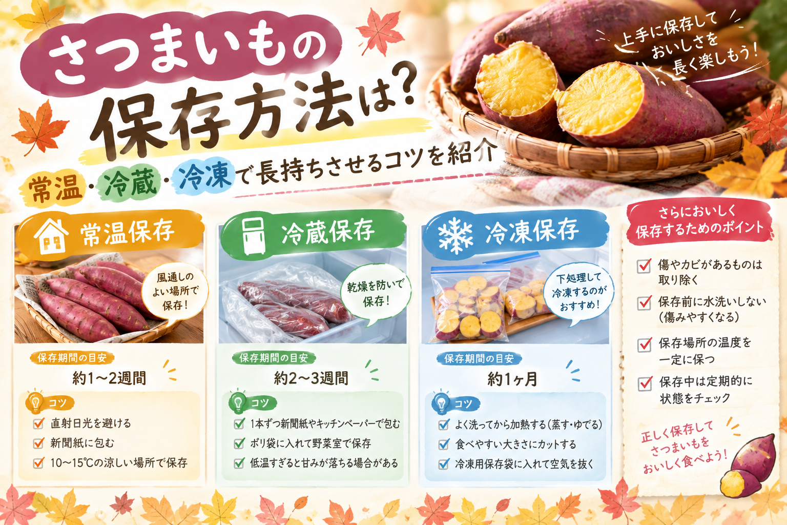 新聞紙に包んで保存するさつまいもと秋の焼き芋
