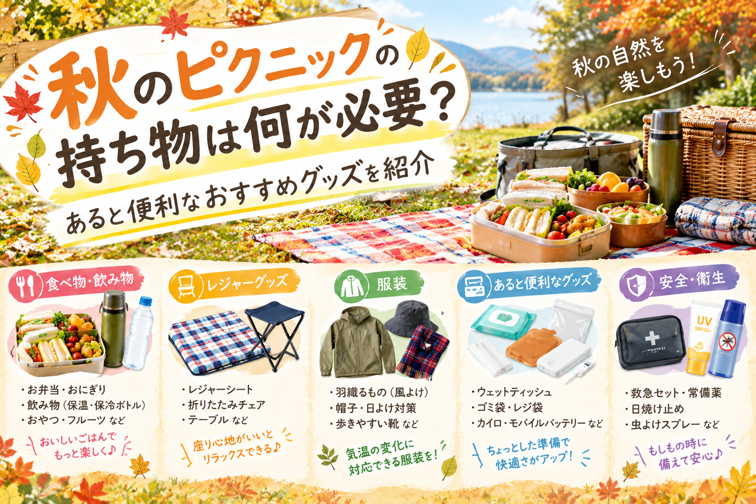 秋のピクニックに必要な持ち物と便利なグッズを芝生に並べたイメージ