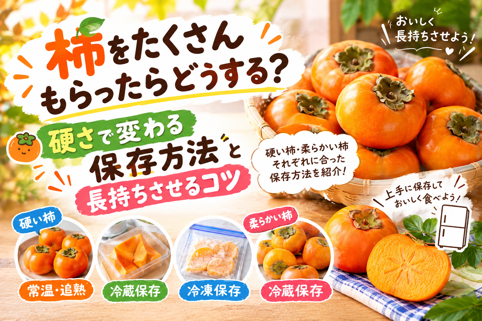 柿の保存方法を紹介するために並べた硬さの異なる柿と保存袋
