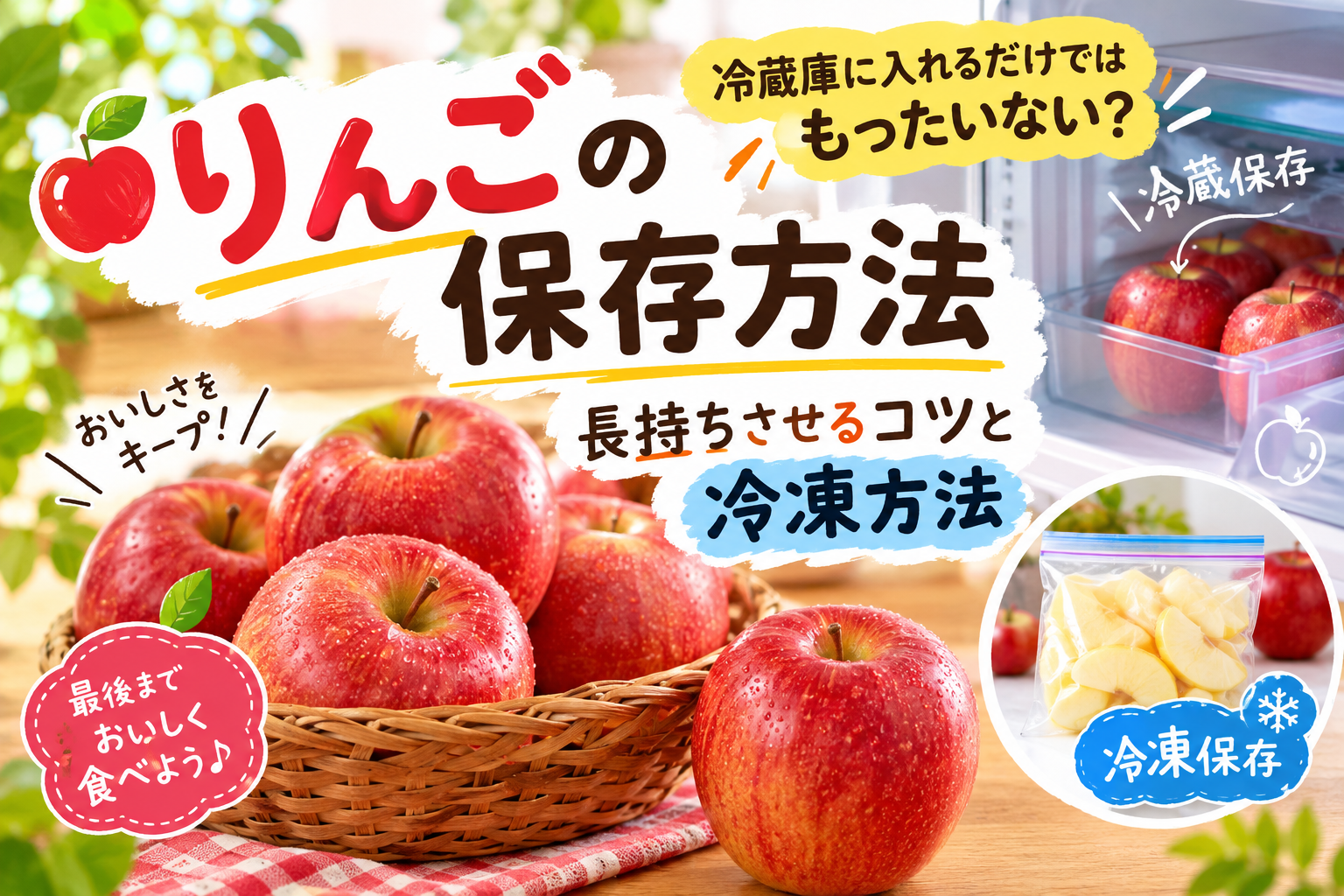 「りんごの保存方法を紹介するために並べた赤いりんごと保存袋」