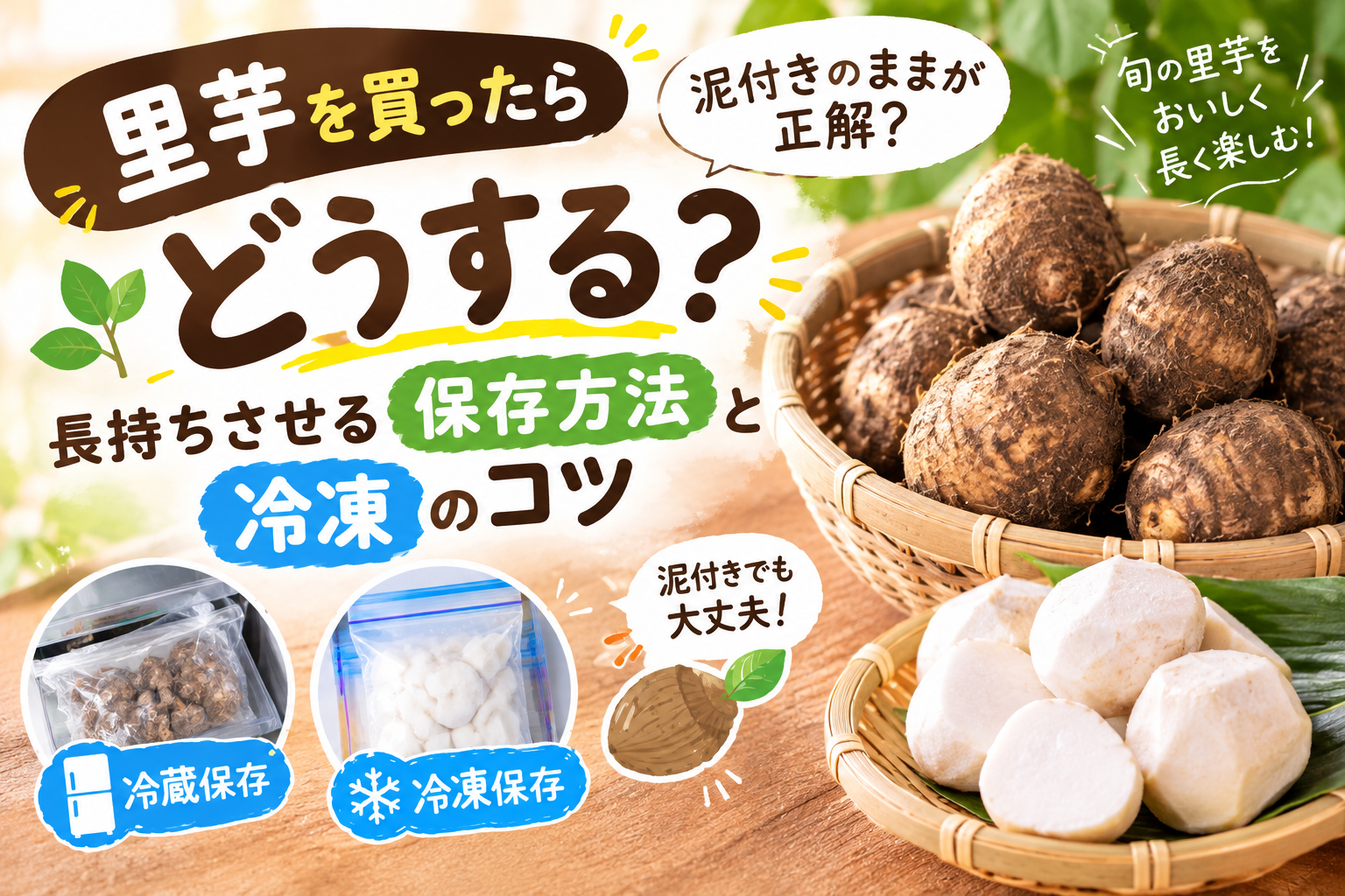 里芋の保存方法を紹介するために並べた泥付きの里芋と保存容器